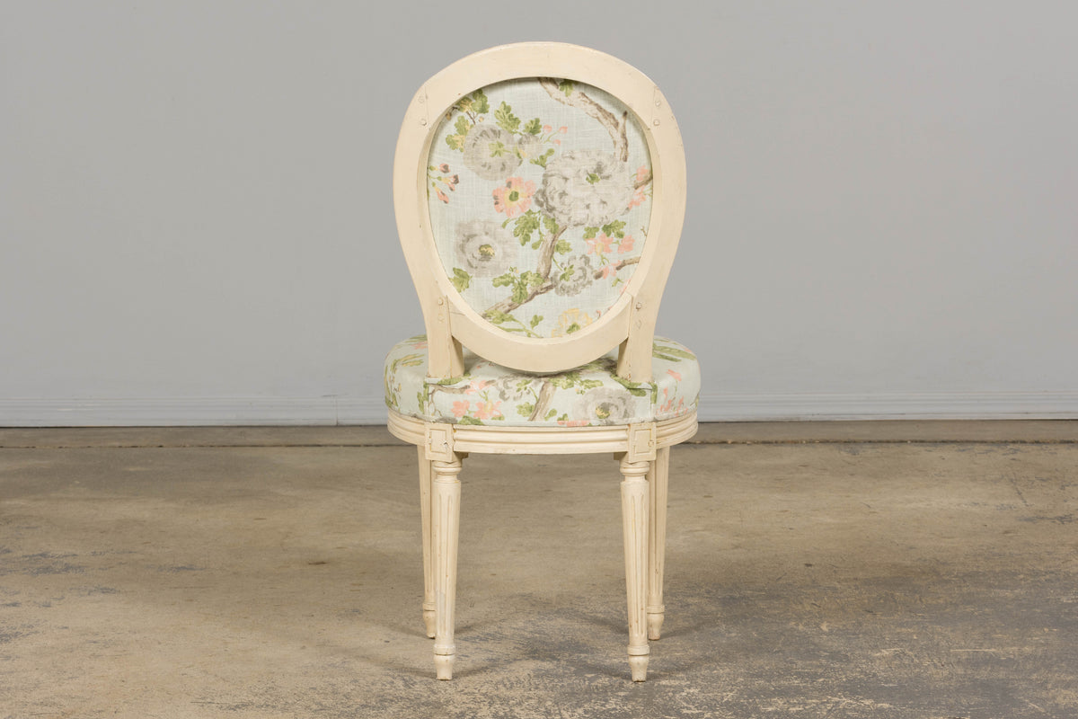 19th Century French Louis XVI Style Painted Accent Chair in Floral Linen