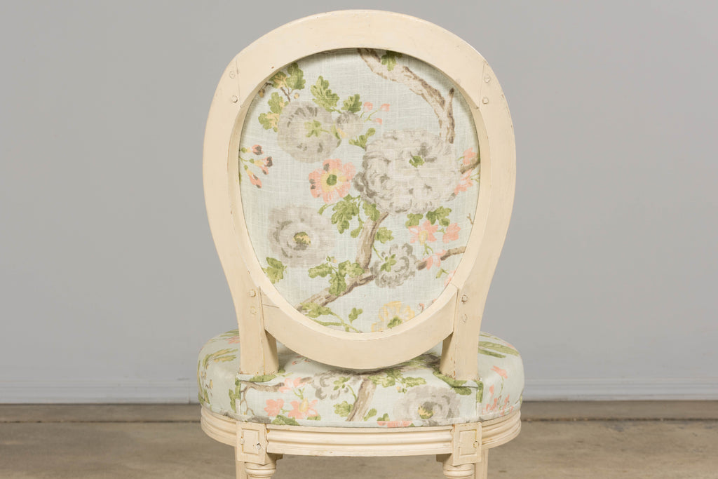 19th Century French Louis XVI Style Painted Accent Chair in Floral Linen
