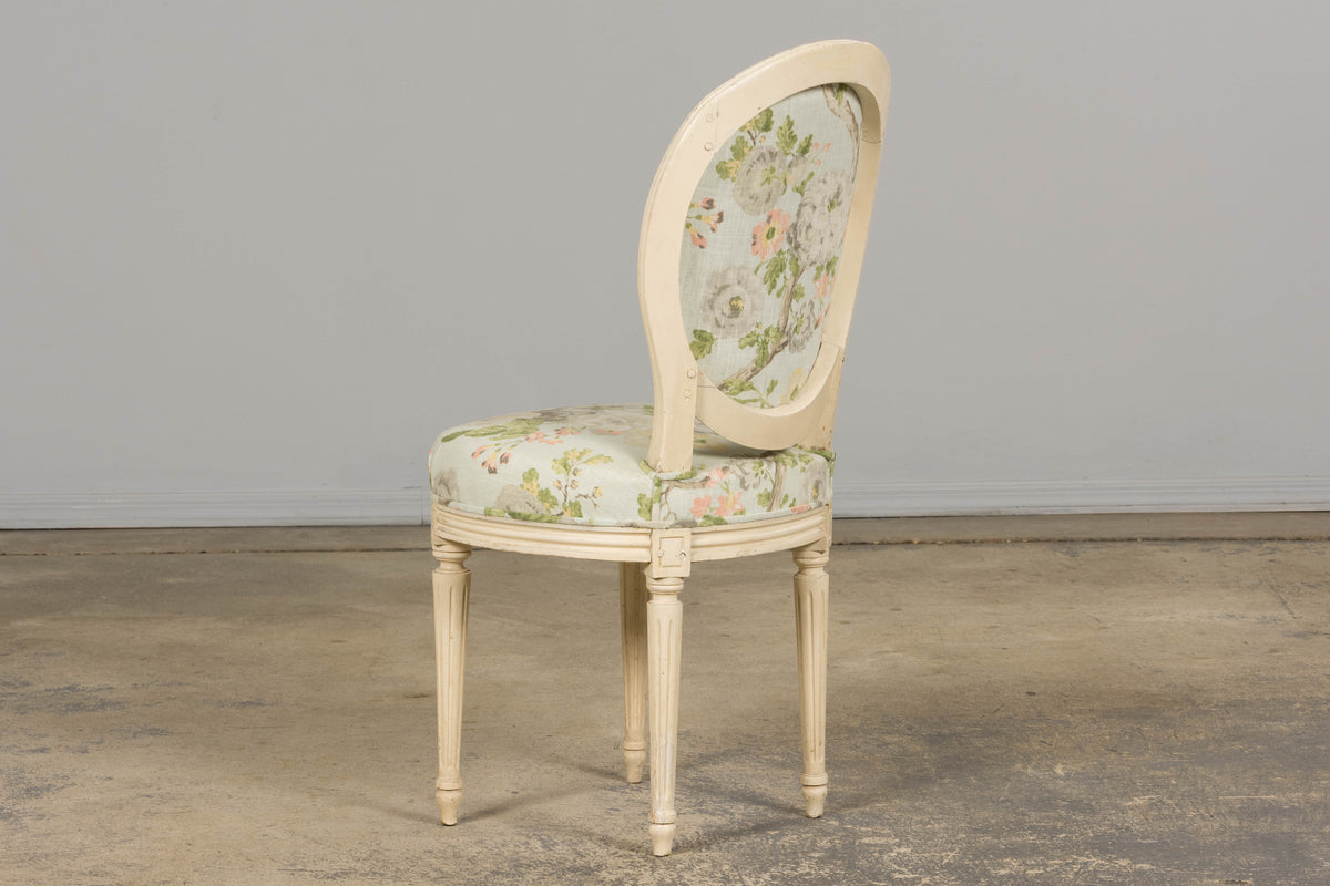 19th Century French Louis XVI Style Painted Accent Chair in Floral Linen