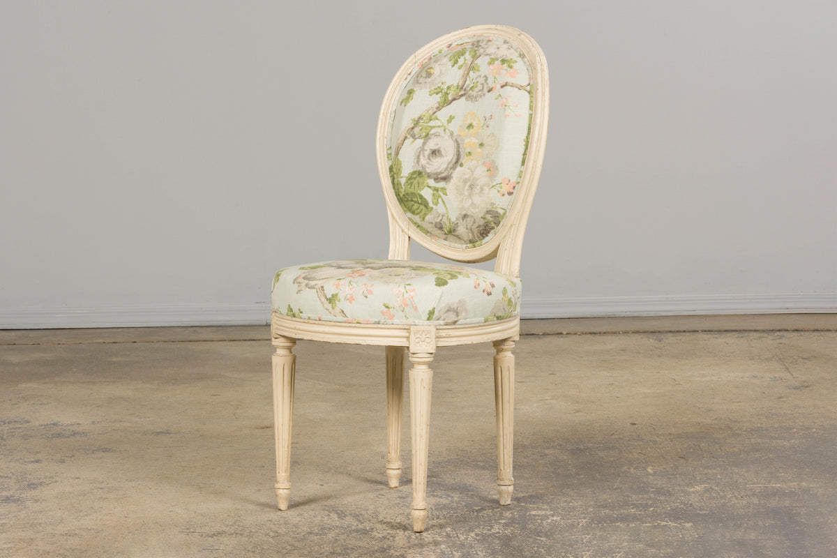 19th Century French Louis XVI Style Painted Accent Chair in Floral Linen