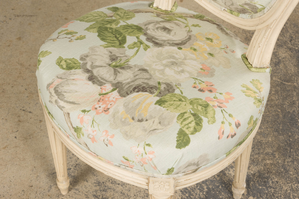 19th Century French Louis XVI Style Painted Accent Chair in Floral Linen
