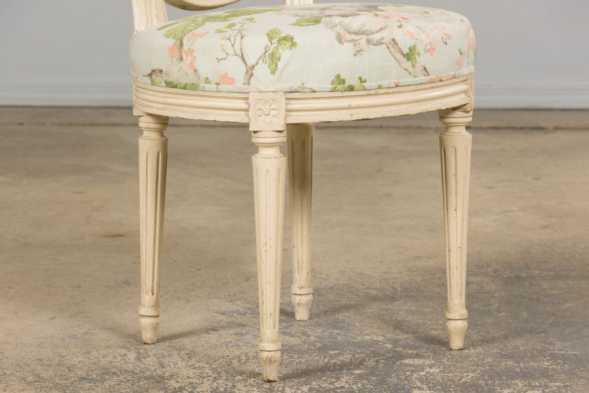 19th Century French Louis XVI Style Painted Accent Chair in Floral Linen