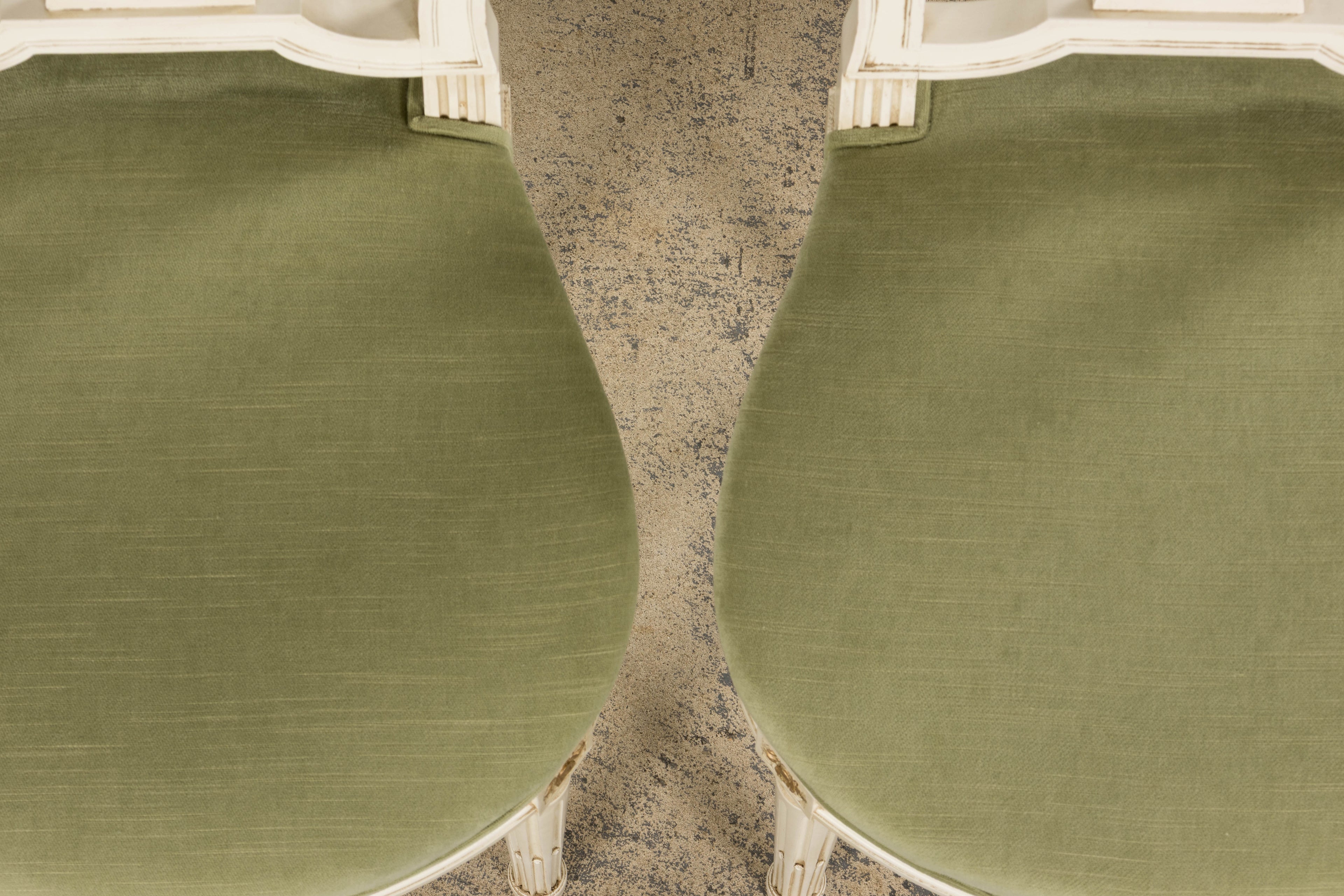 Pair of French Louis XVI Neoclassical Style Painted Lyre Back Accent Chairs in Laurel Green Velvet