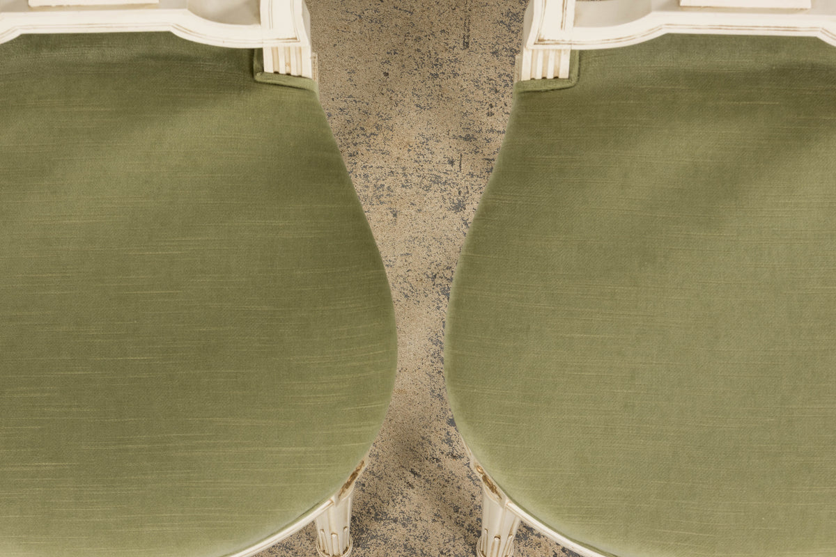 Pair of French Louis XVI Neoclassical Style Painted Lyre Back Accent Chairs in Laurel Green Velvet