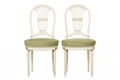 Pair of French Louis XVI Neoclassical Style Painted Lyre Back Accent Chairs in Laurel Green Velvet