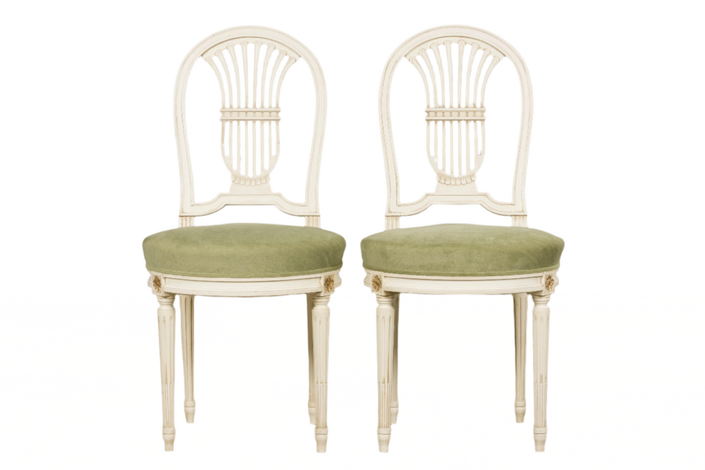 Pair of French Louis XVI Neoclassical Style Painted Lyre Back Accent Chairs in Laurel Green Velvet