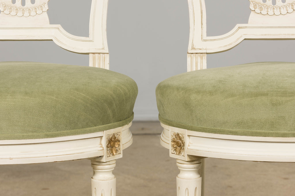 Pair of French Louis XVI Neoclassical Style Painted Lyre Back Accent Chairs in Laurel Green Velvet
