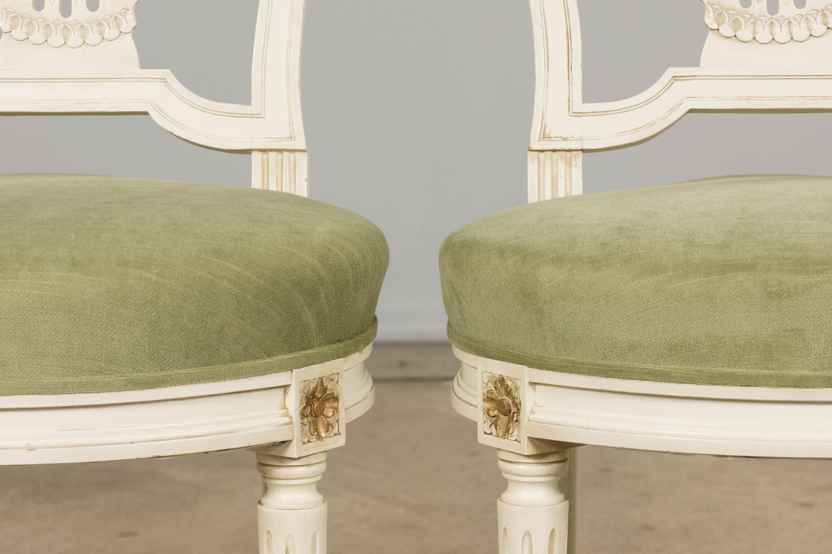 Pair of French Louis XVI Neoclassical Style Painted Lyre Back Accent Chairs in Laurel Green Velvet