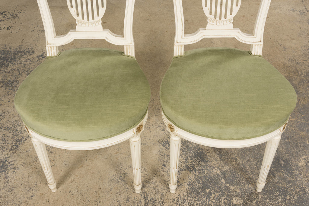 Pair of French Louis XVI Neoclassical Style Painted Lyre Back Accent Chairs in Laurel Green Velvet