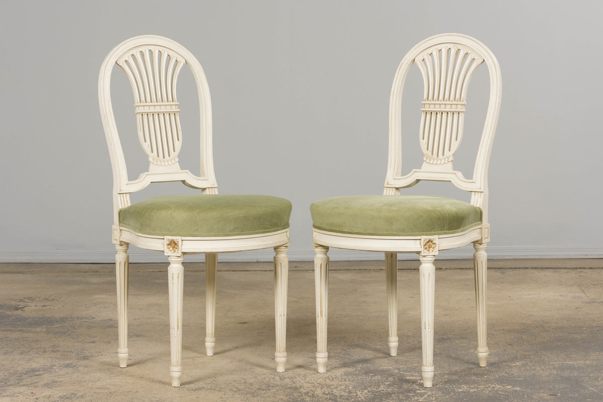 Pair of French Louis XVI Neoclassical Style Painted Lyre Back Accent Chairs in Laurel Green Velvet