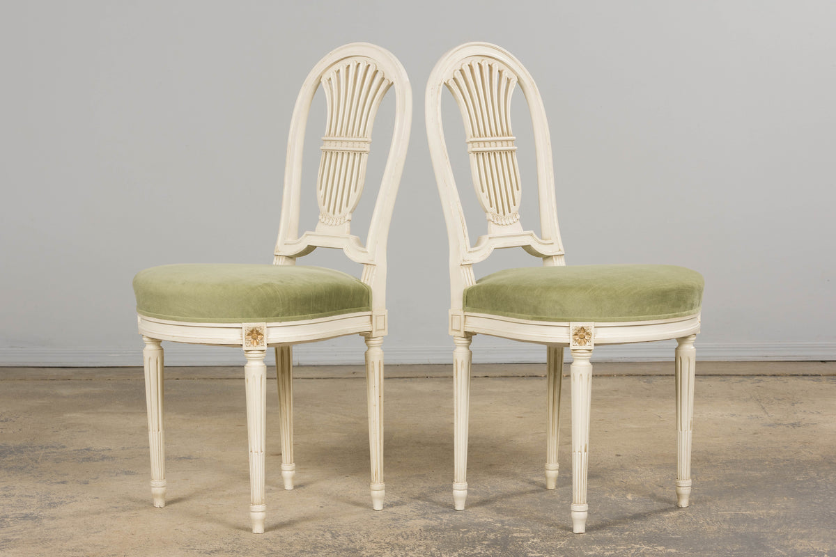 Pair of French Louis XVI Neoclassical Style Painted Lyre Back Accent Chairs in Laurel Green Velvet