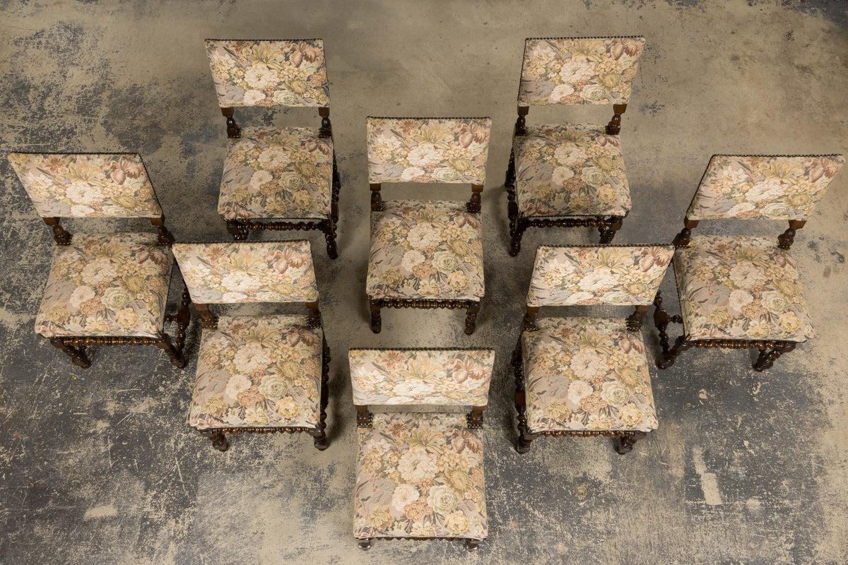 French Louis XIII Style Oak Barley Twist Dining Chairs W/ Floral Tapestry - Set of 8
