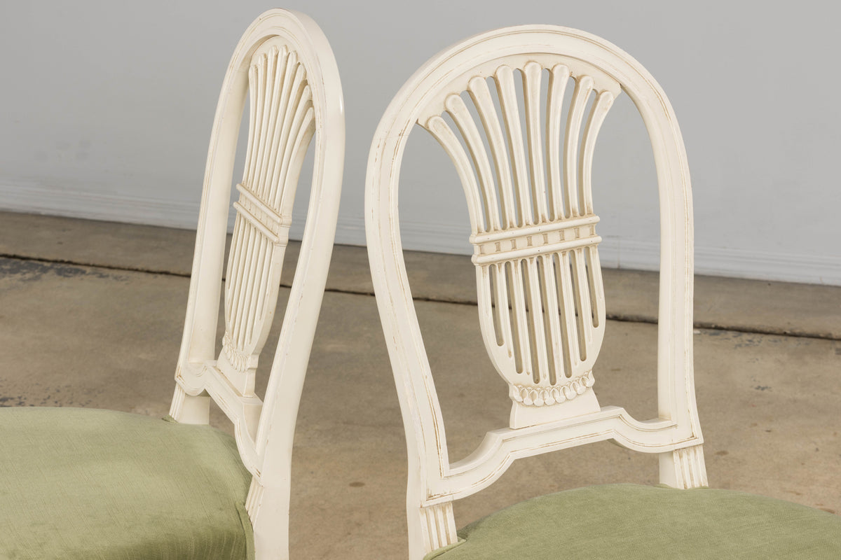 Pair of French Louis XVI Neoclassical Style Painted Lyre Back Accent Chairs in Laurel Green Velvet