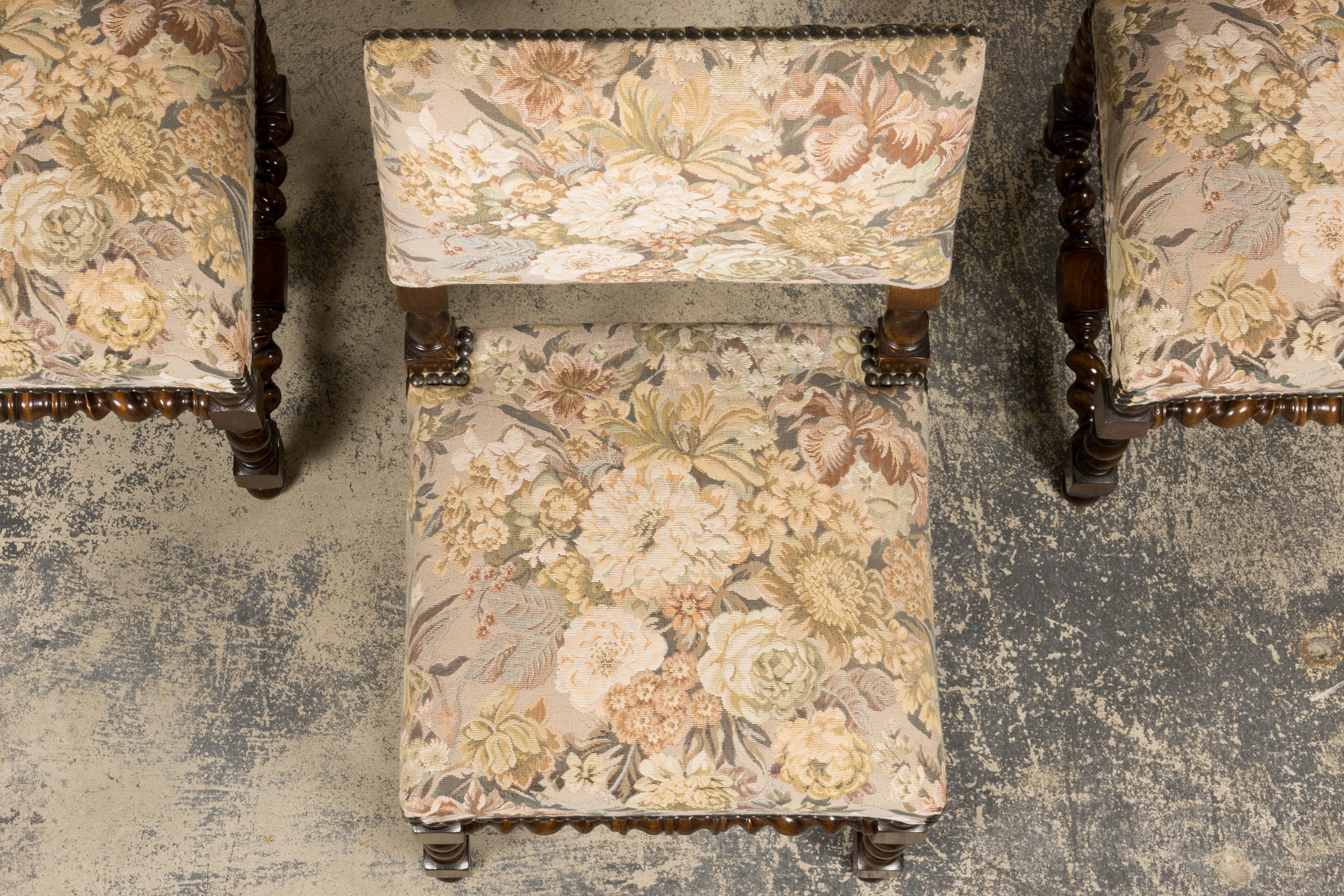 French Louis XIII Style Oak Barley Twist Dining Chairs W/ Floral Tapestry - Set of 8