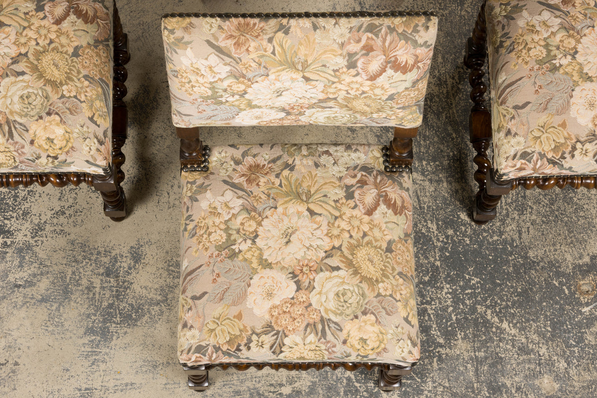French Louis XIII Style Oak Barley Twist Dining Chairs W/ Floral Tapestry - Set of 8