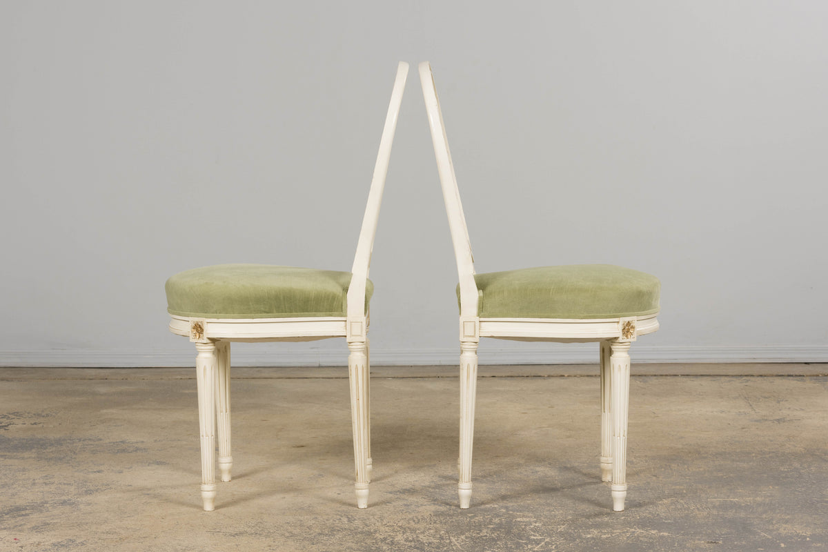 Pair of French Louis XVI Neoclassical Style Painted Lyre Back Accent Chairs in Laurel Green Velvet