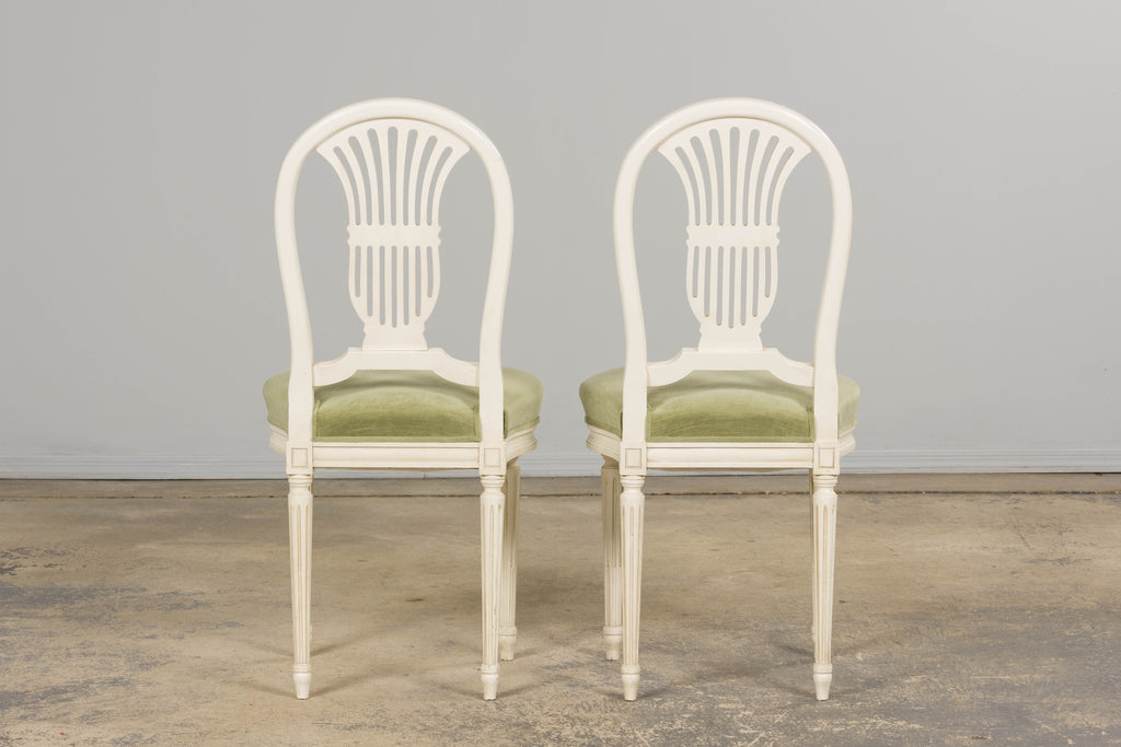Pair of French Louis XVI Neoclassical Style Painted Lyre Back Accent Chairs in Laurel Green Velvet