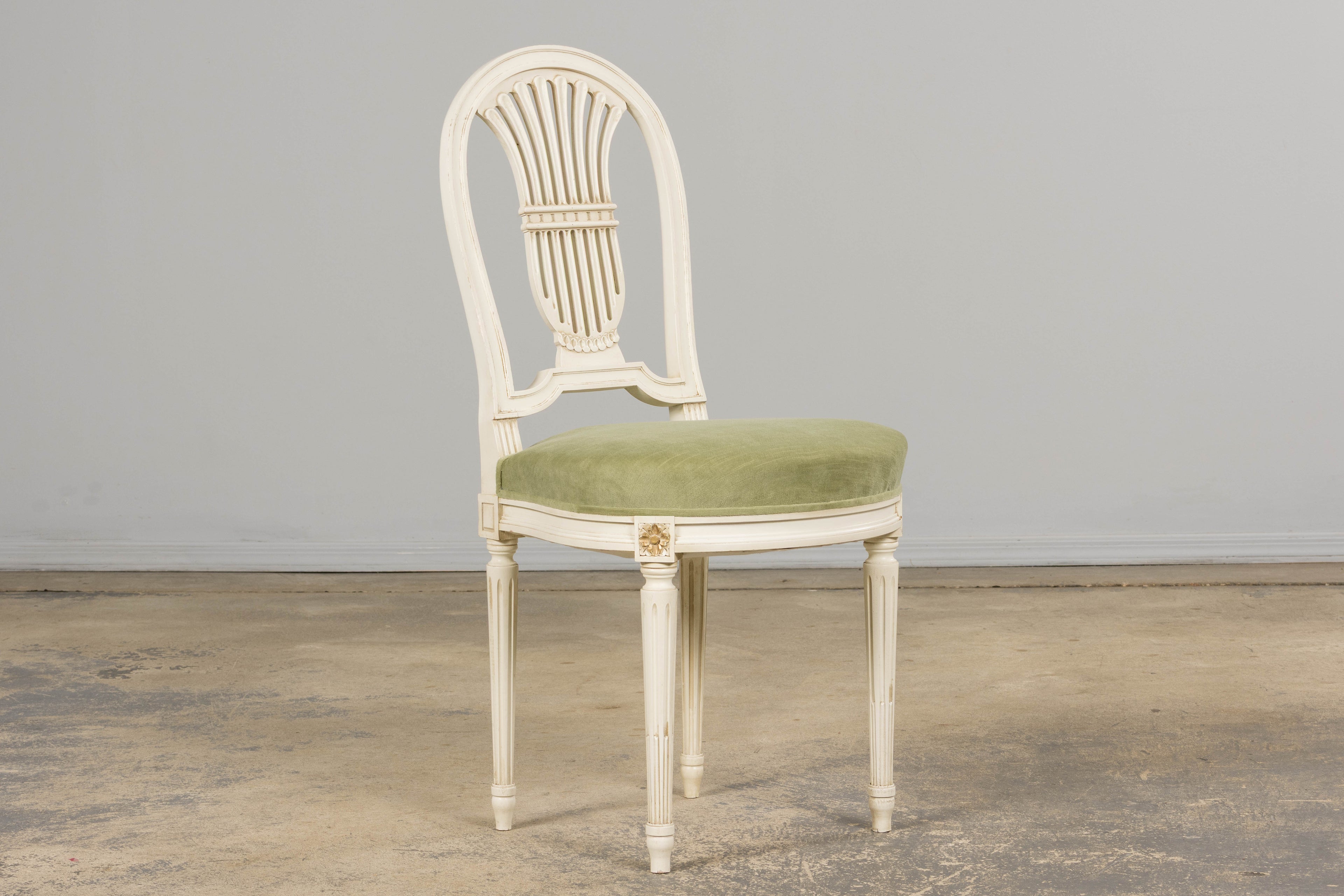 Pair of French Louis XVI Neoclassical Style Painted Lyre Back Accent Chairs in Laurel Green Velvet