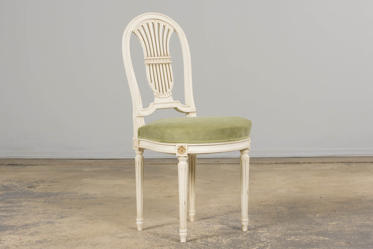 Pair of French Louis XVI Neoclassical Style Painted Lyre Back Accent Chairs in Laurel Green Velvet