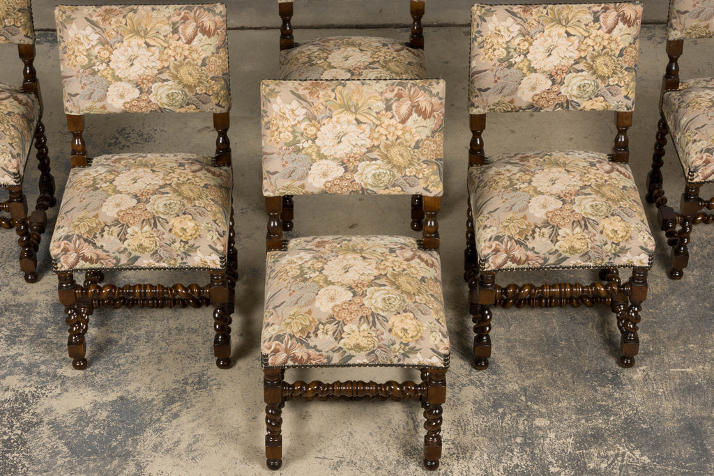French Louis XIII Style Oak Barley Twist Dining Chairs W/ Floral Tapestry - Set of 8