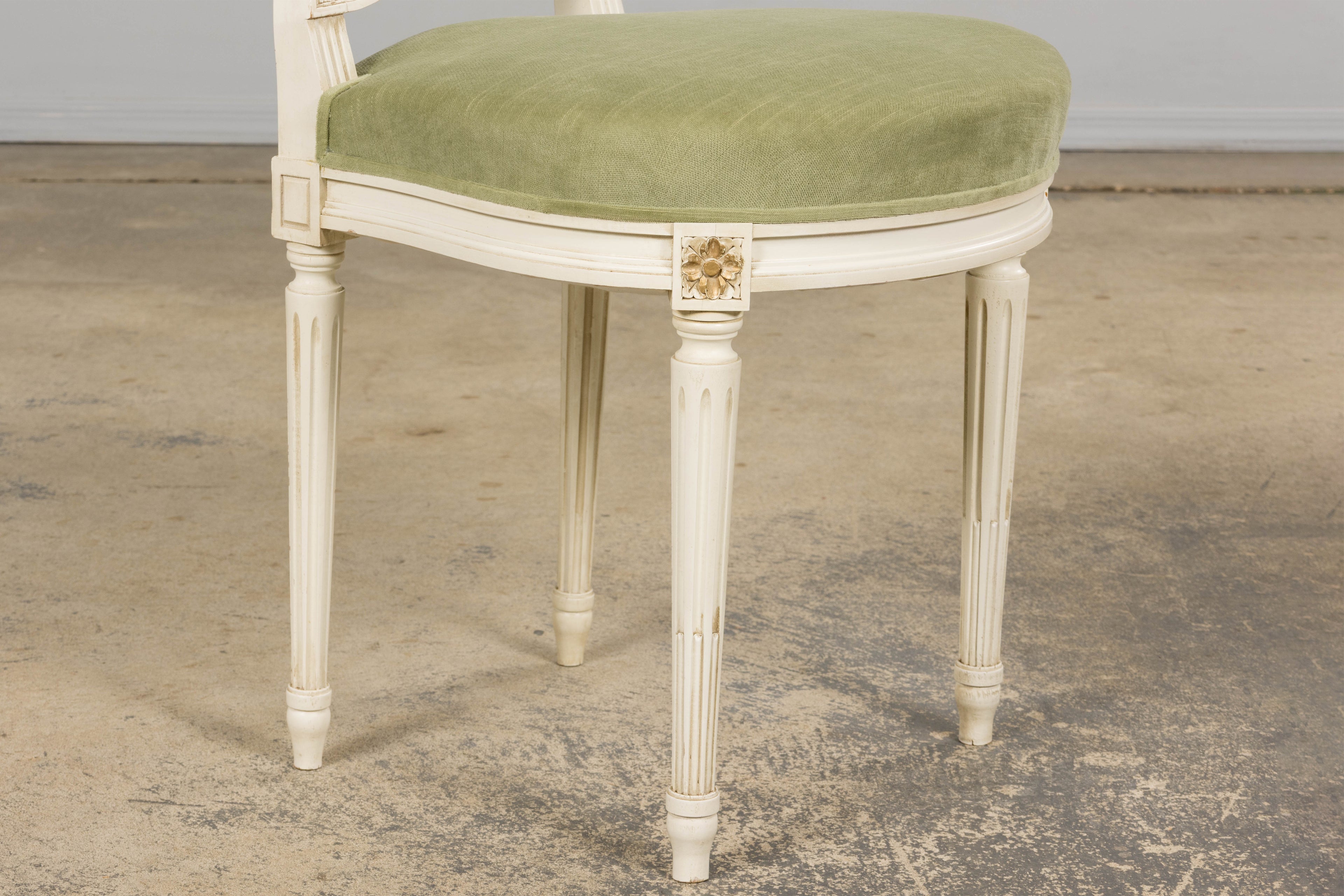 Pair of French Louis XVI Neoclassical Style Painted Lyre Back Accent Chairs in Laurel Green Velvet