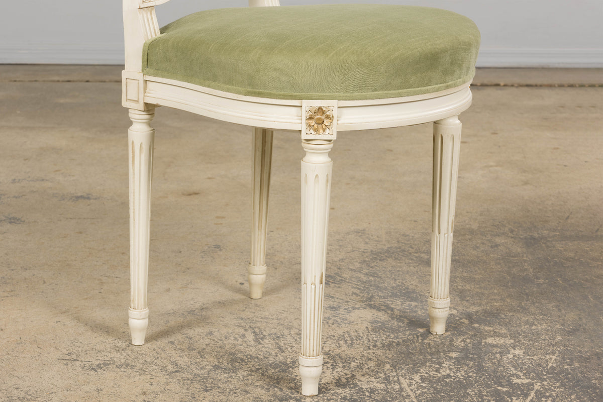 Pair of French Louis XVI Neoclassical Style Painted Lyre Back Accent Chairs in Laurel Green Velvet