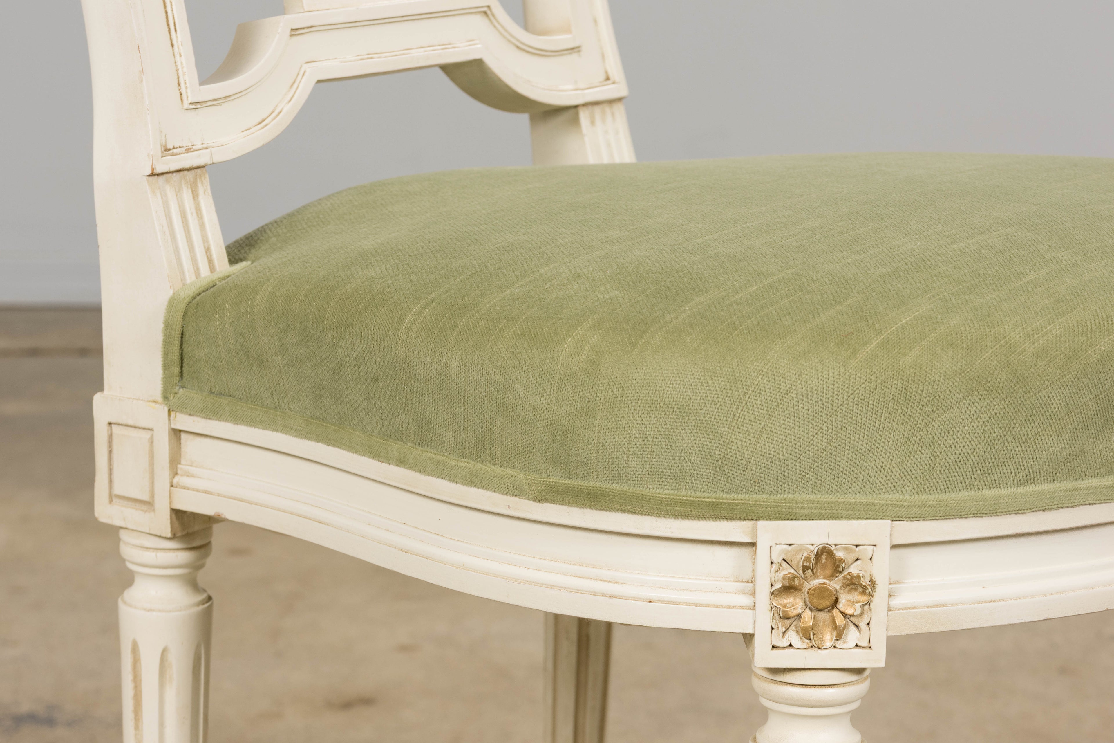 Pair of French Louis XVI Neoclassical Style Painted Lyre Back Accent Chairs in Laurel Green Velvet