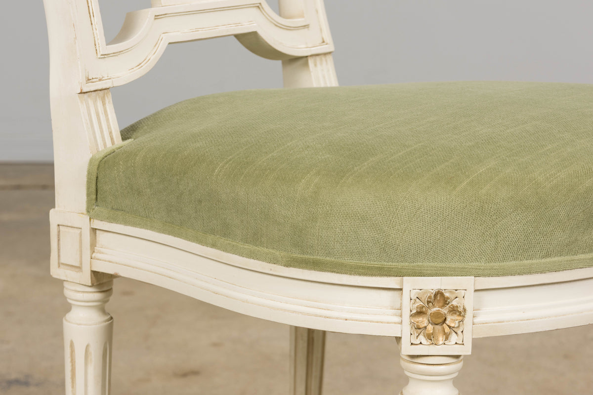 Pair of French Louis XVI Neoclassical Style Painted Lyre Back Accent Chairs in Laurel Green Velvet
