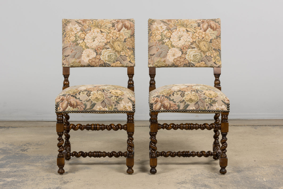 French Louis XIII Style Oak Barley Twist Dining Chairs W/ Floral Tapestry - Set of 8
