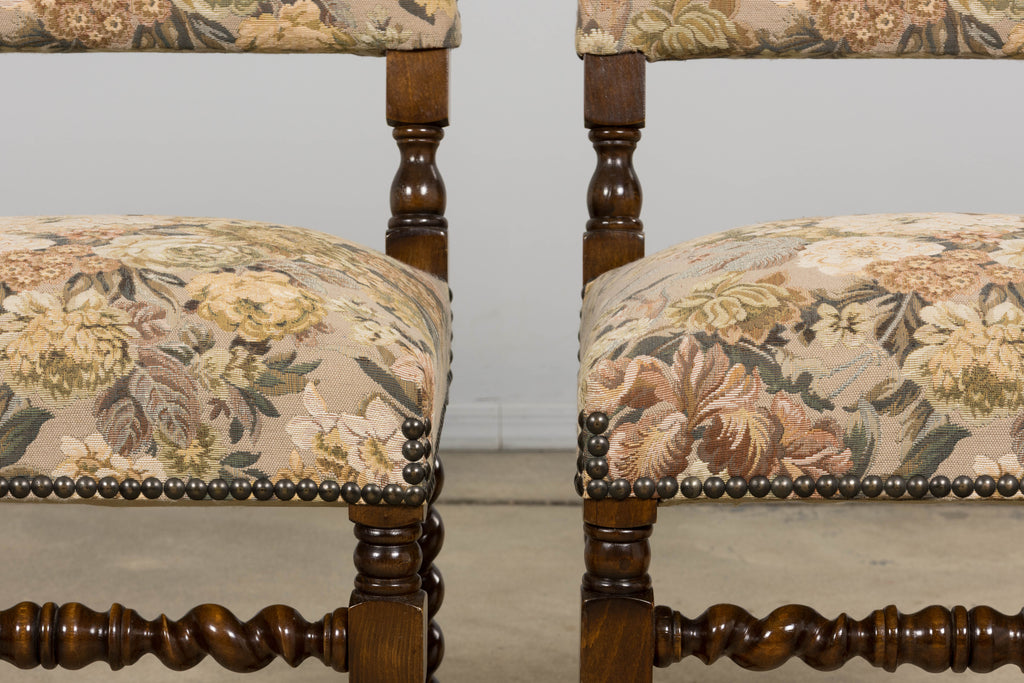 French Louis XIII Style Oak Barley Twist Dining Chairs W/ Floral Tapestry - Set of 8