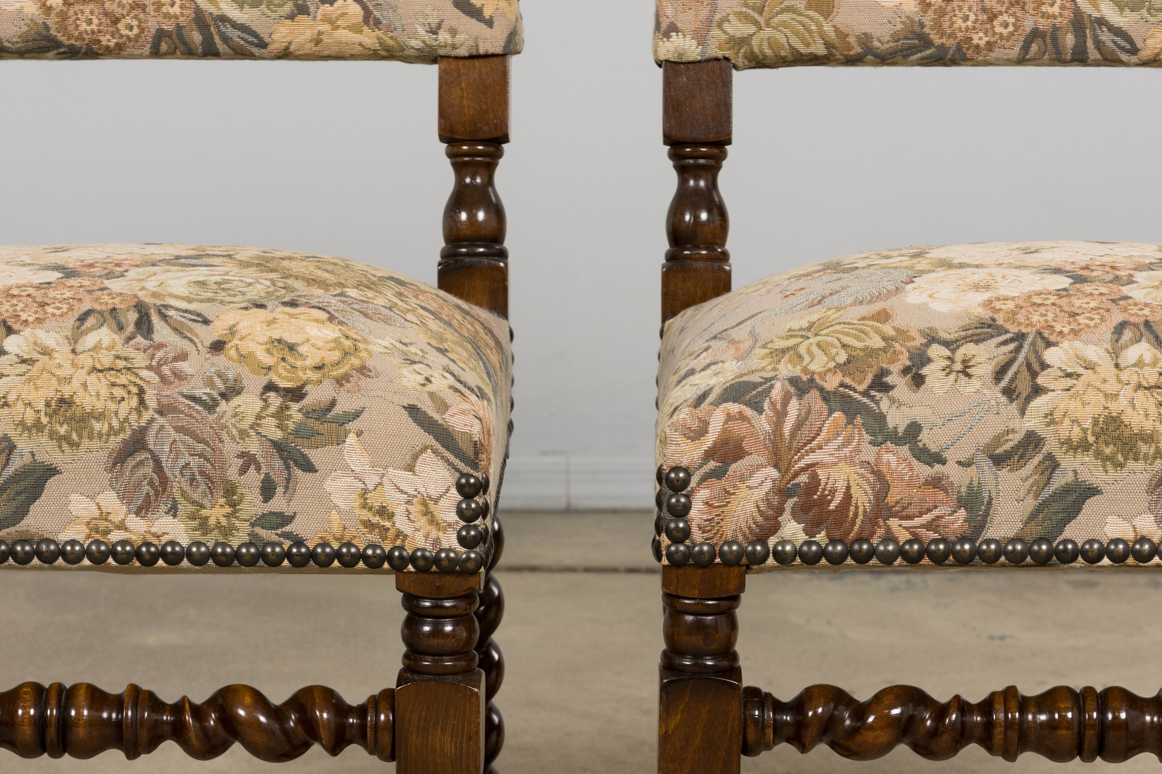French Louis XIII Style Oak Barley Twist Dining Chairs W/ Floral Tapestry - Set of 8
