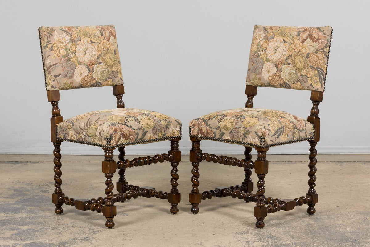 French Louis XIII Style Oak Barley Twist Dining Chairs W/ Floral Tapestry - Set of 8