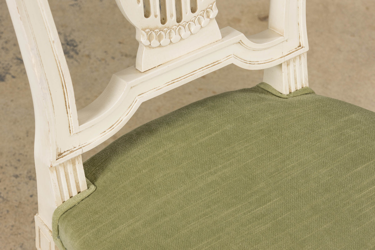 Pair of French Louis XVI Neoclassical Style Painted Lyre Back Accent Chairs in Laurel Green Velvet