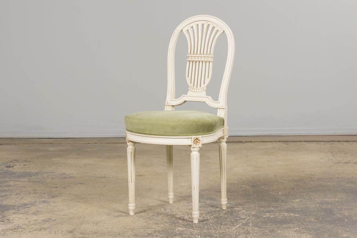 Pair of French Louis XVI Neoclassical Style Painted Lyre Back Accent Chairs in Laurel Green Velvet