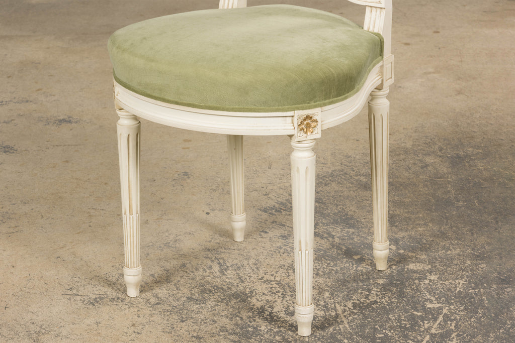 Pair of French Louis XVI Neoclassical Style Painted Lyre Back Accent Chairs in Laurel Green Velvet