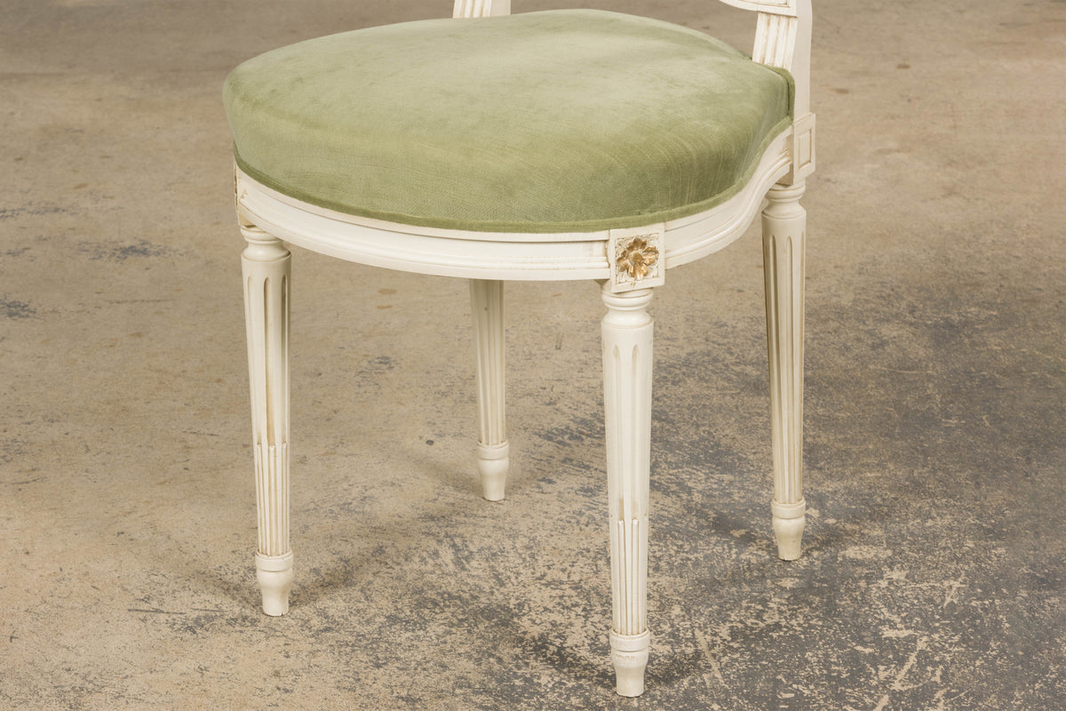 Pair of French Louis XVI Neoclassical Style Painted Lyre Back Accent Chairs in Laurel Green Velvet