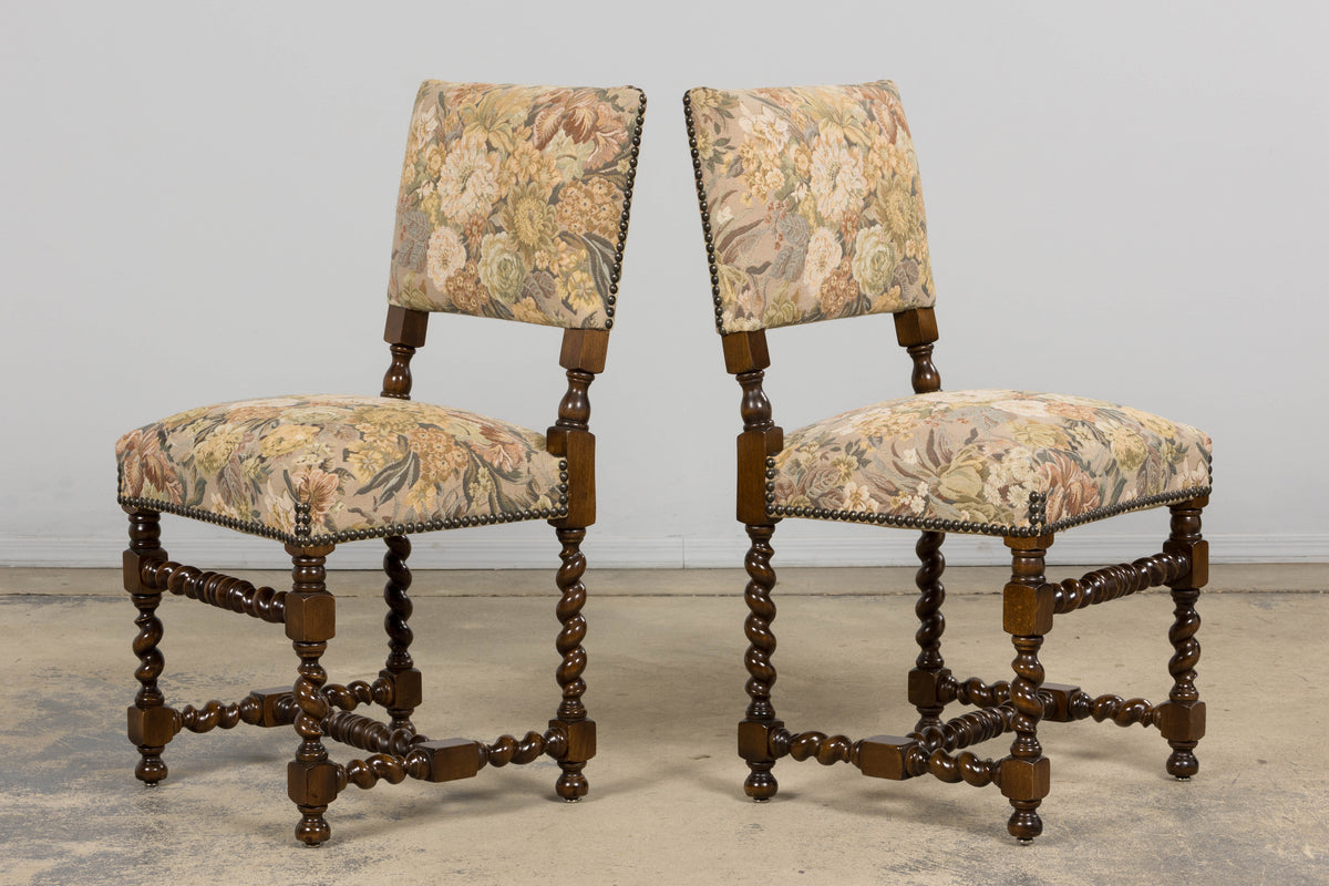 French Louis XIII Style Oak Barley Twist Dining Chairs W/ Floral Tapestry - Set of 8