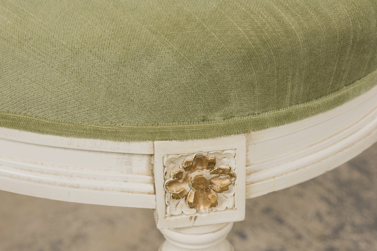 Pair of French Louis XVI Neoclassical Style Painted Lyre Back Accent Chairs in Laurel Green Velvet