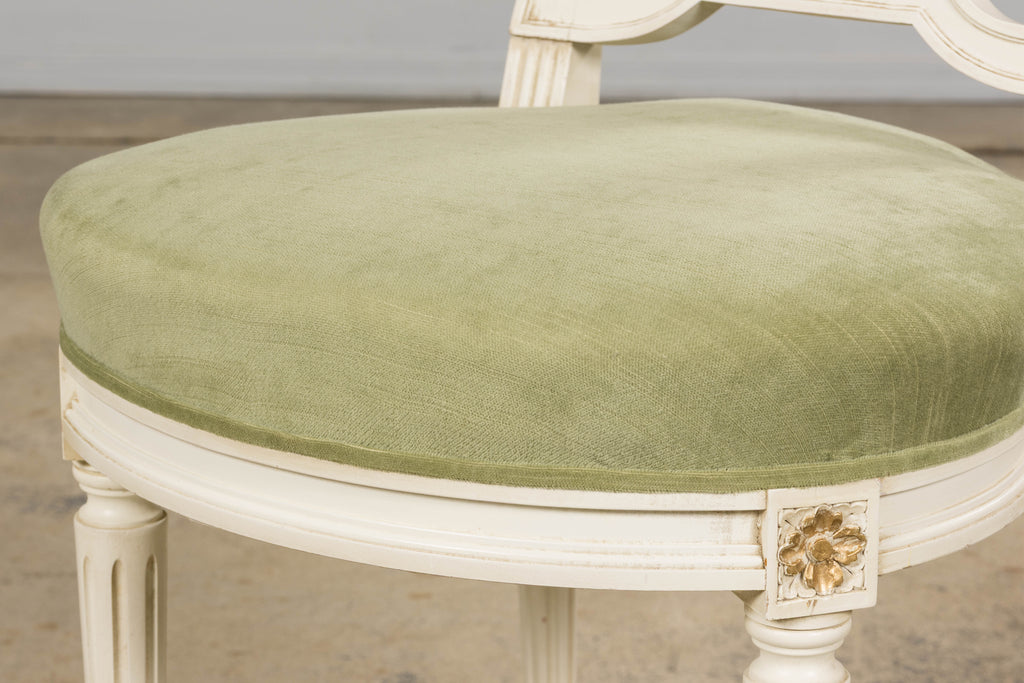 Pair of French Louis XVI Neoclassical Style Painted Lyre Back Accent Chairs in Laurel Green Velvet