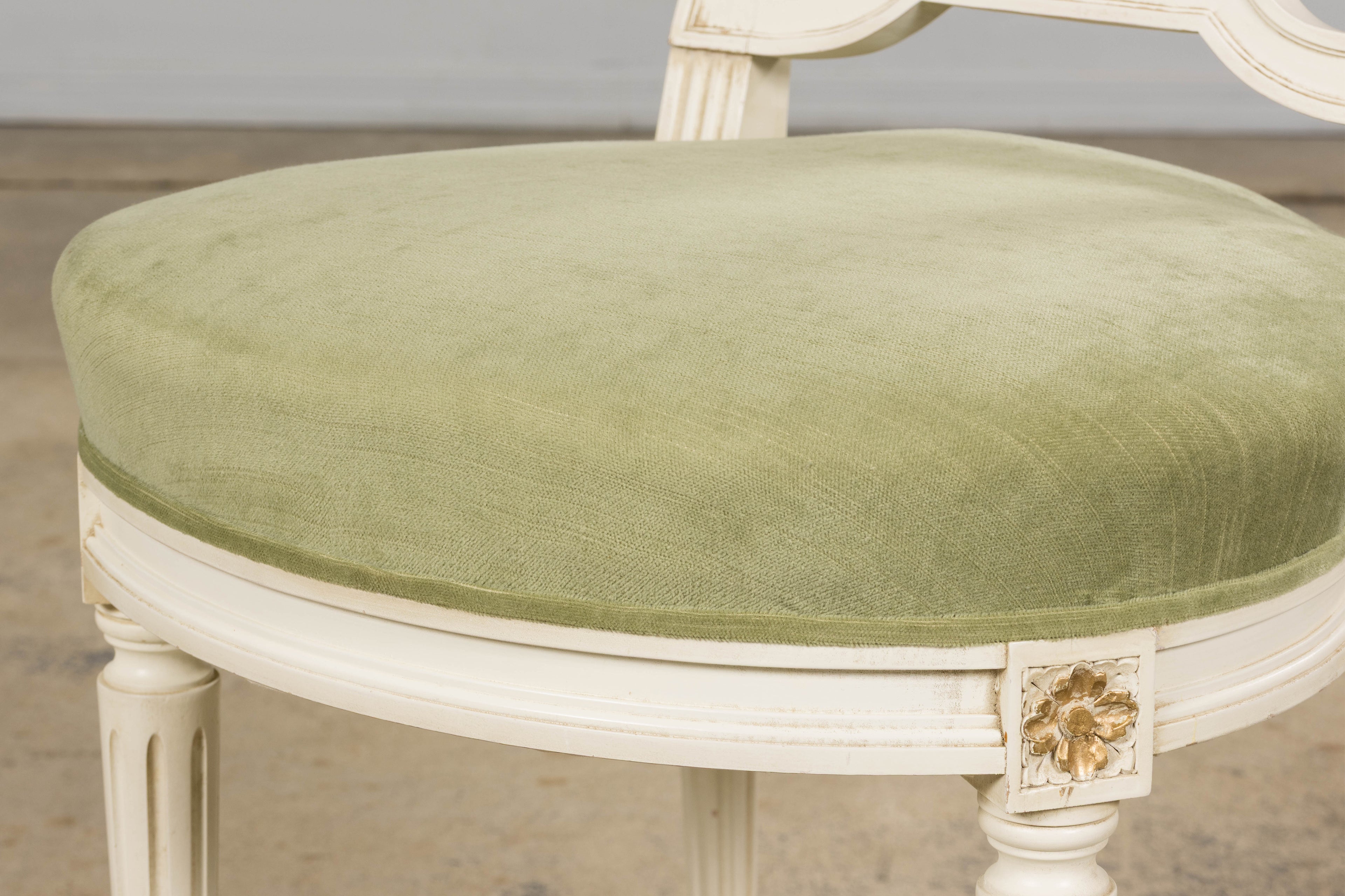 Pair of French Louis XVI Neoclassical Style Painted Lyre Back Accent Chairs in Laurel Green Velvet