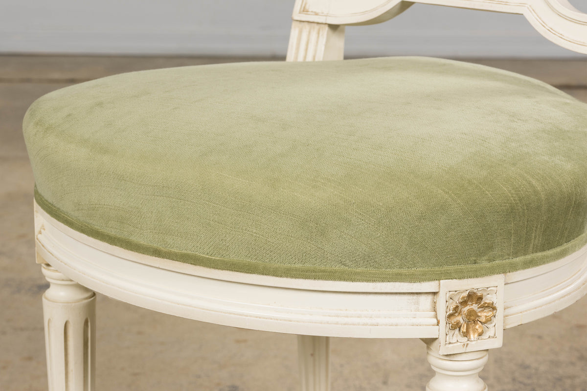 Pair of French Louis XVI Neoclassical Style Painted Lyre Back Accent Chairs in Laurel Green Velvet