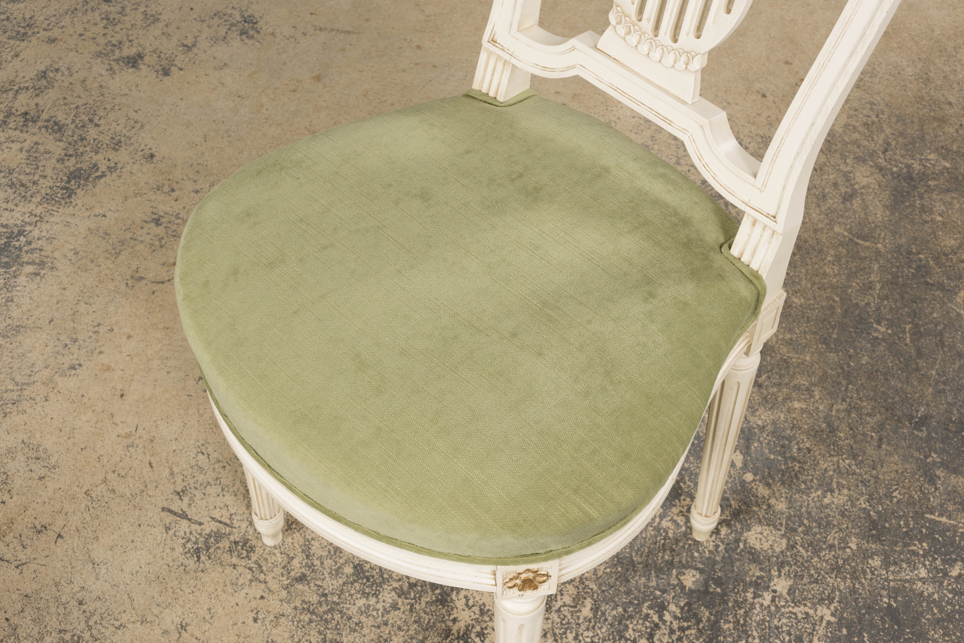 Pair of French Louis XVI Neoclassical Style Painted Lyre Back Accent Chairs in Laurel Green Velvet