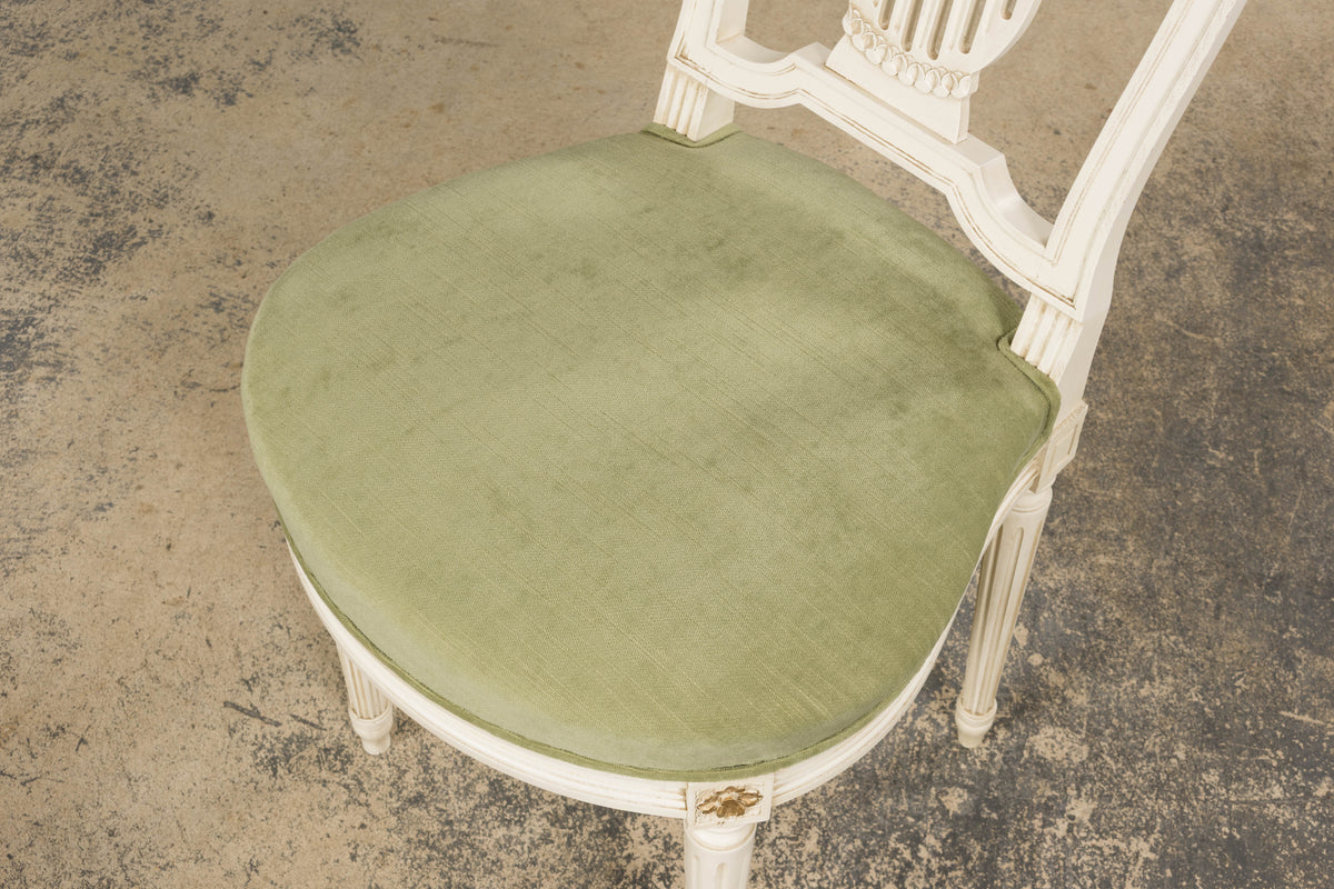 Pair of French Louis XVI Neoclassical Style Painted Lyre Back Accent Chairs in Laurel Green Velvet