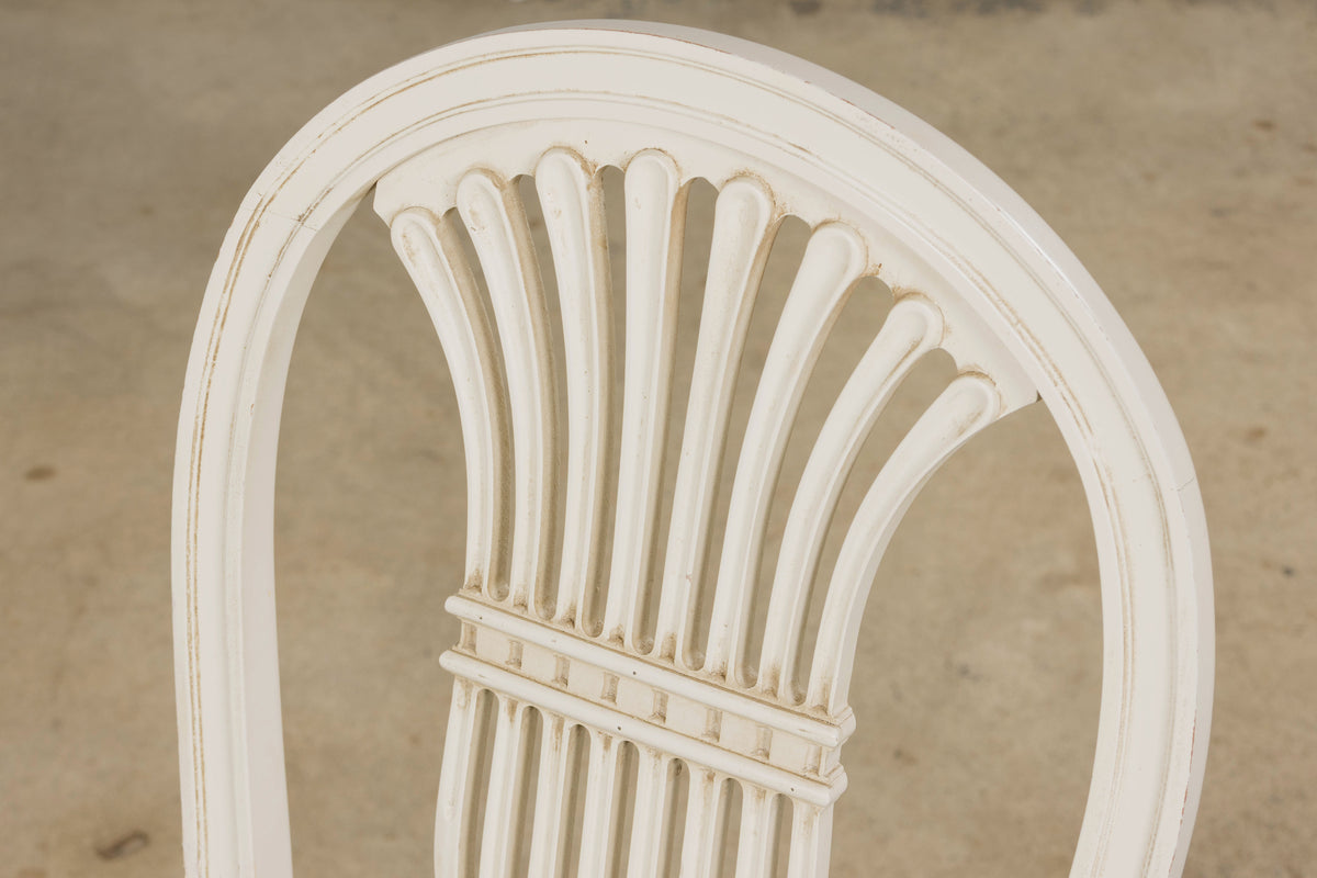 Pair of French Louis XVI Neoclassical Style Painted Lyre Back Accent Chairs in Laurel Green Velvet