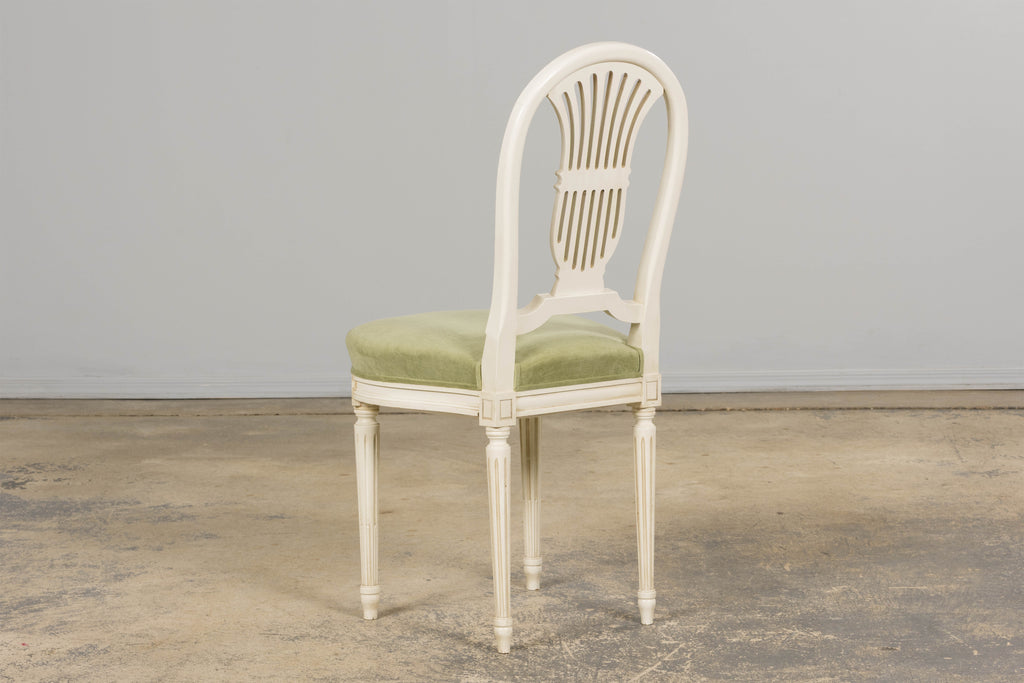Pair of French Louis XVI Neoclassical Style Painted Lyre Back Accent Chairs in Laurel Green Velvet