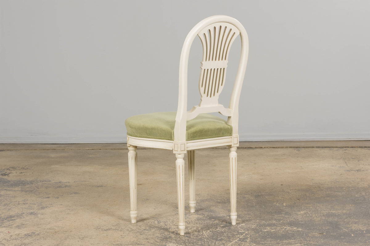Pair of French Louis XVI Neoclassical Style Painted Lyre Back Accent Chairs in Laurel Green Velvet