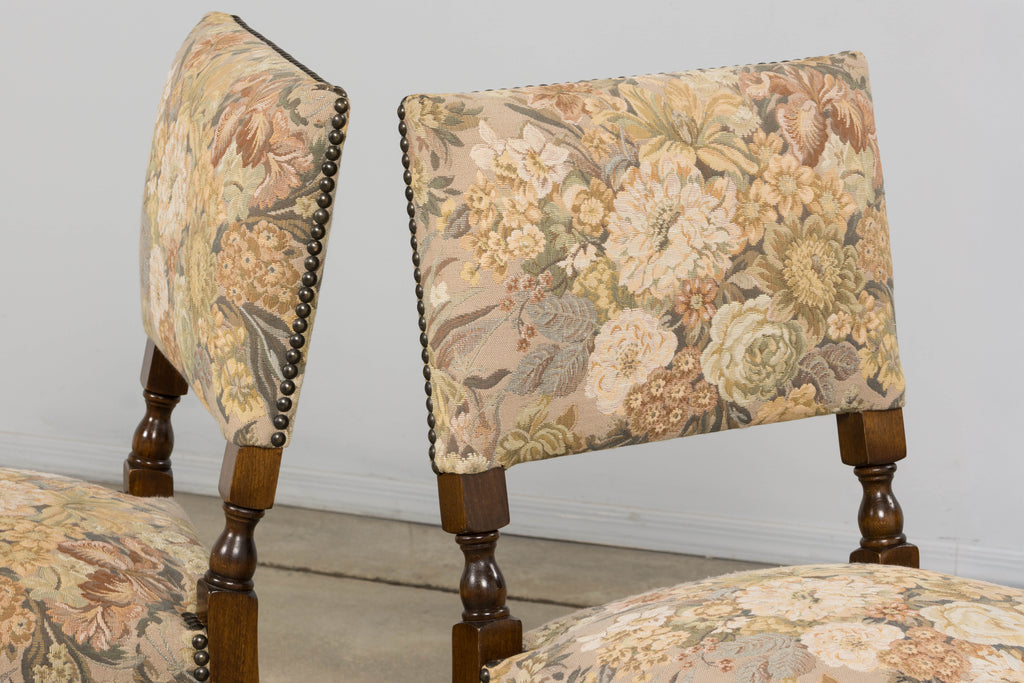 French Louis XIII Style Oak Barley Twist Dining Chairs W/ Floral Tapestry - Set of 8