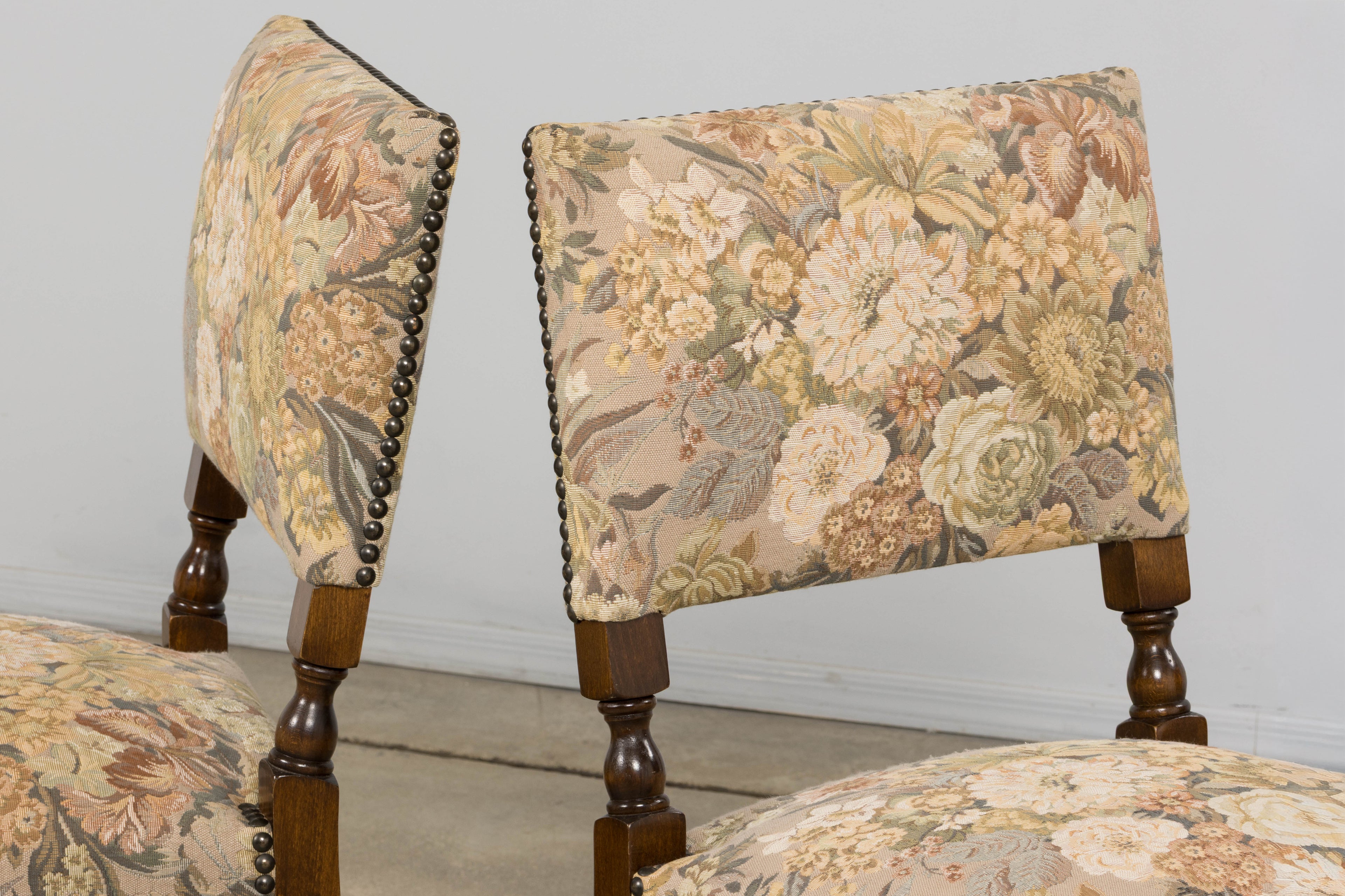 French Louis XIII Style Oak Barley Twist Dining Chairs W/ Floral Tapestry - Set of 8