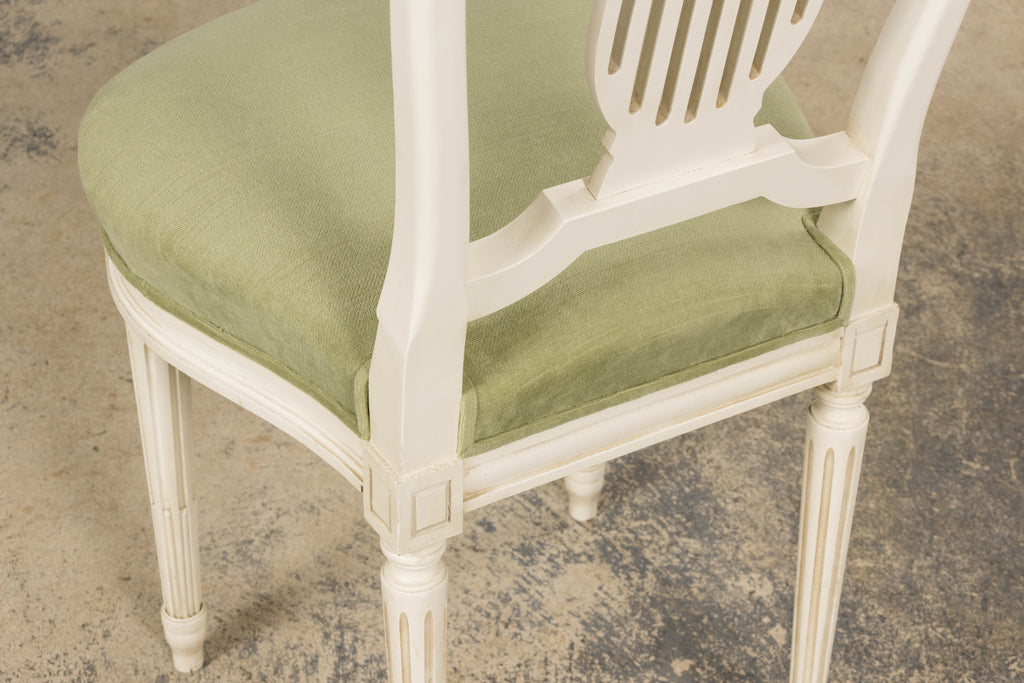 Pair of French Louis XVI Neoclassical Style Painted Lyre Back Accent Chairs in Laurel Green Velvet