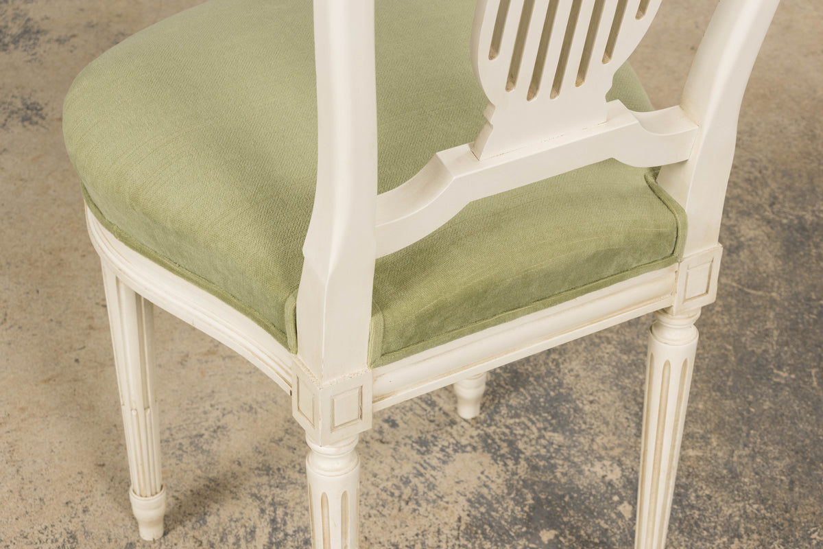 Pair of French Louis XVI Neoclassical Style Painted Lyre Back Accent Chairs in Laurel Green Velvet
